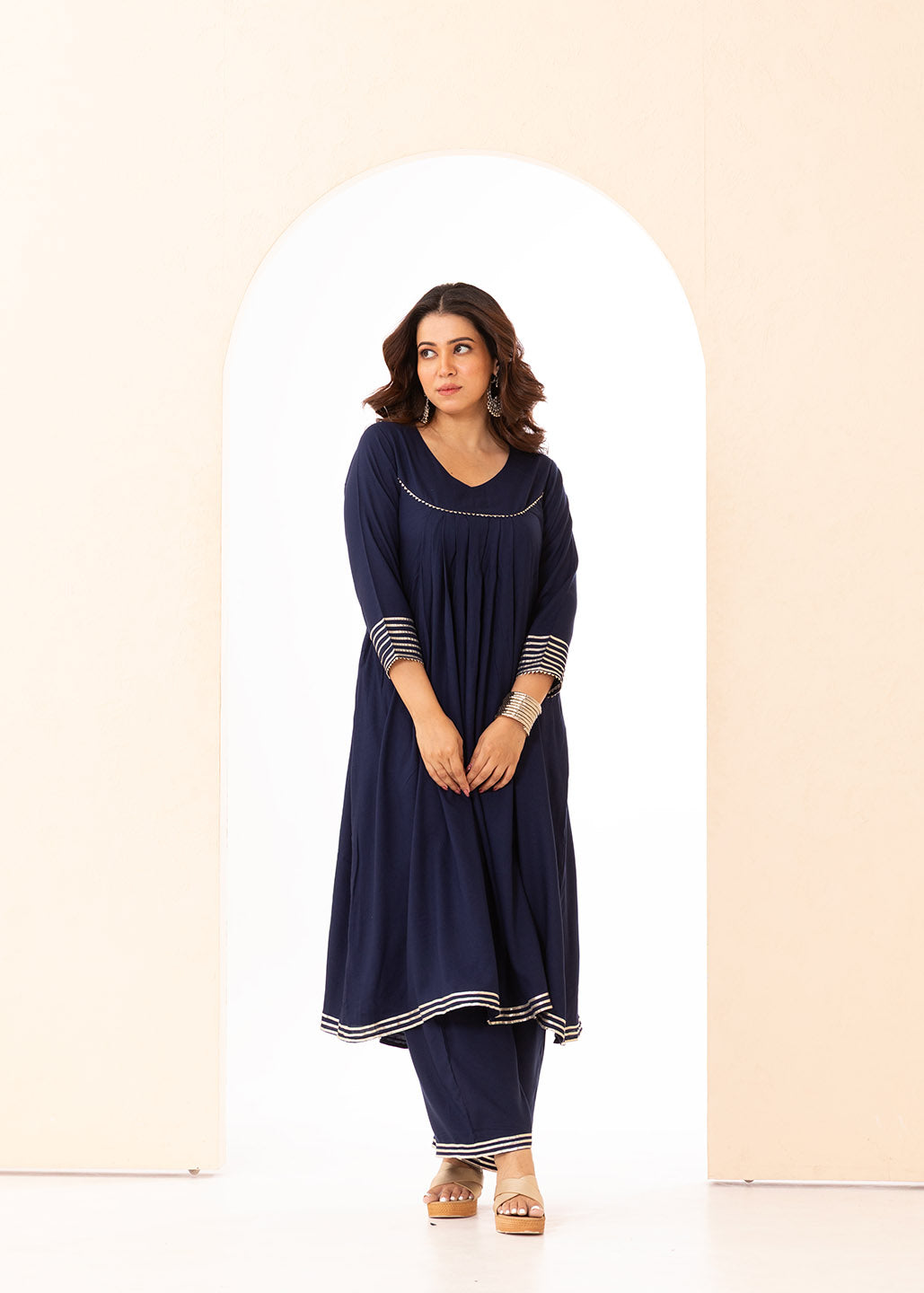 Deep Blue Front Pleated Kurta Set