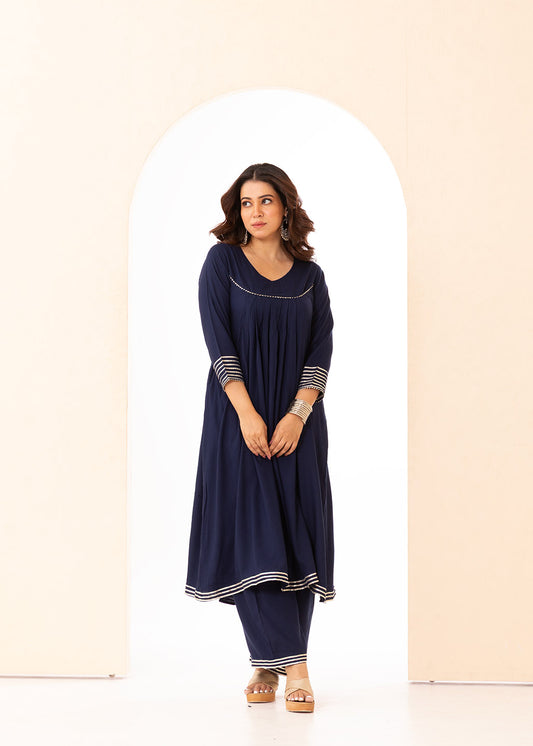 Deep Blue Front Pleated Kurta Set