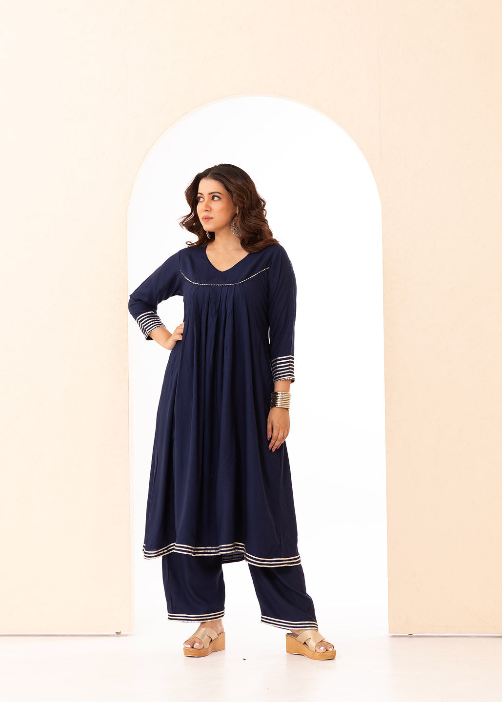 Deep Blue Front Pleated Kurta Set