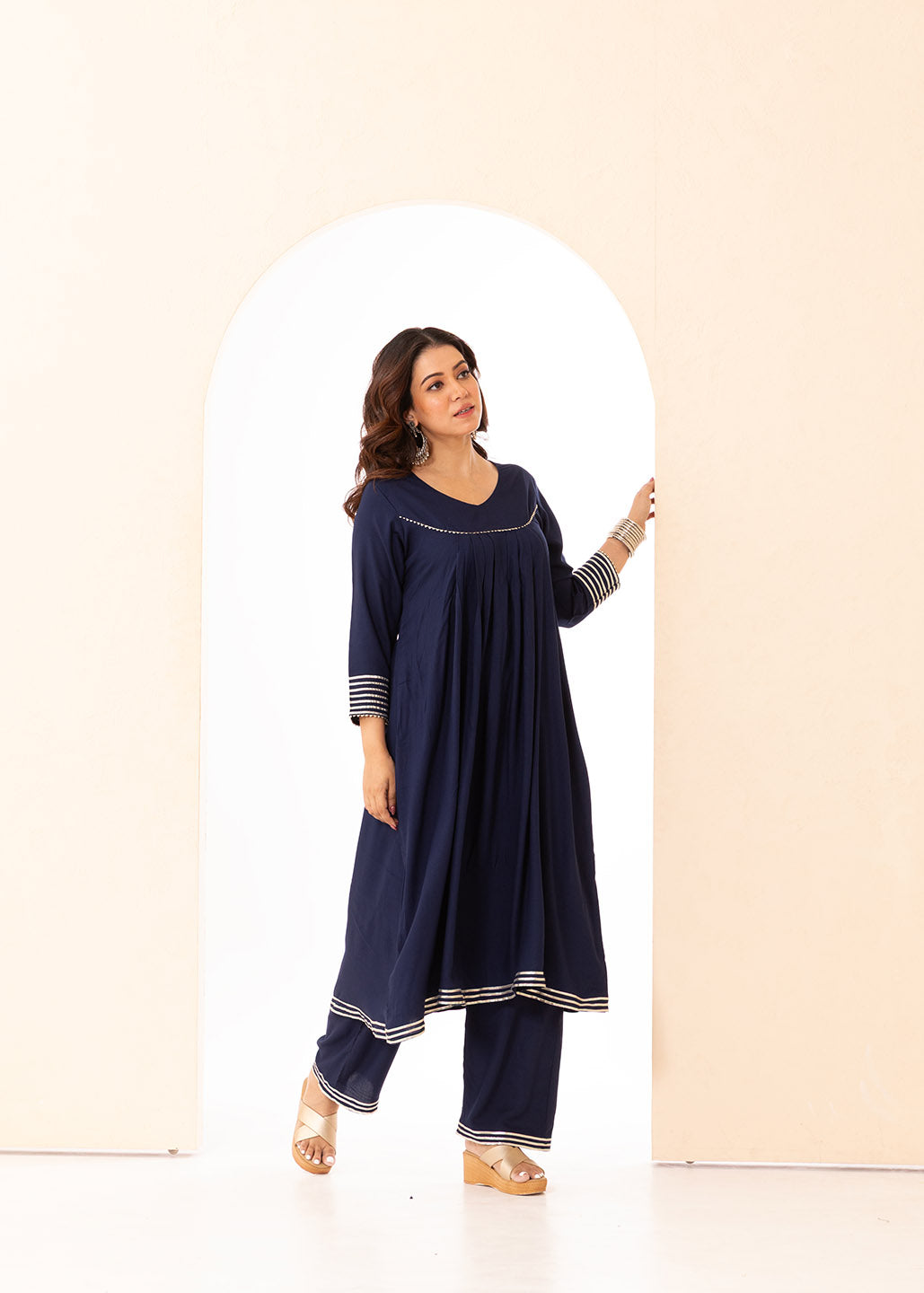 Deep Blue Front Pleated Kurta Set