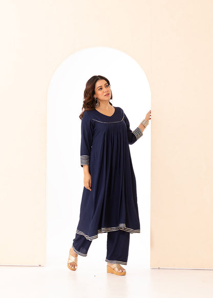 Deep Blue Front Pleated Kurta Set