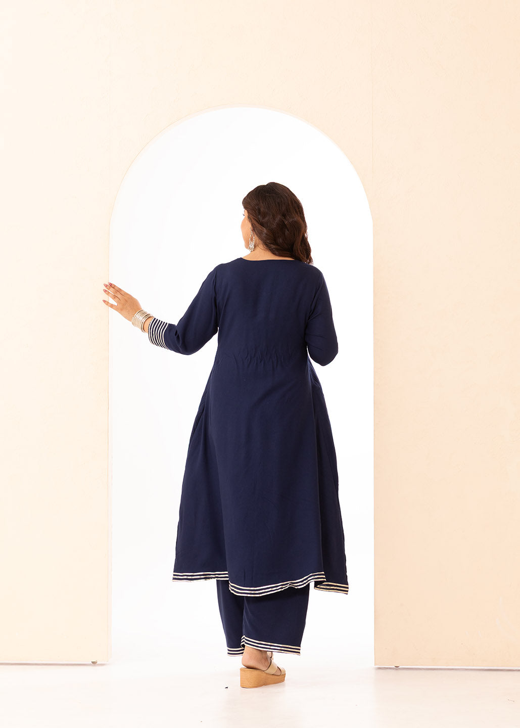 Deep Blue Front Pleated Kurta Set
