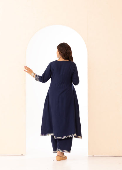 Deep Blue Front Pleated Kurta Set