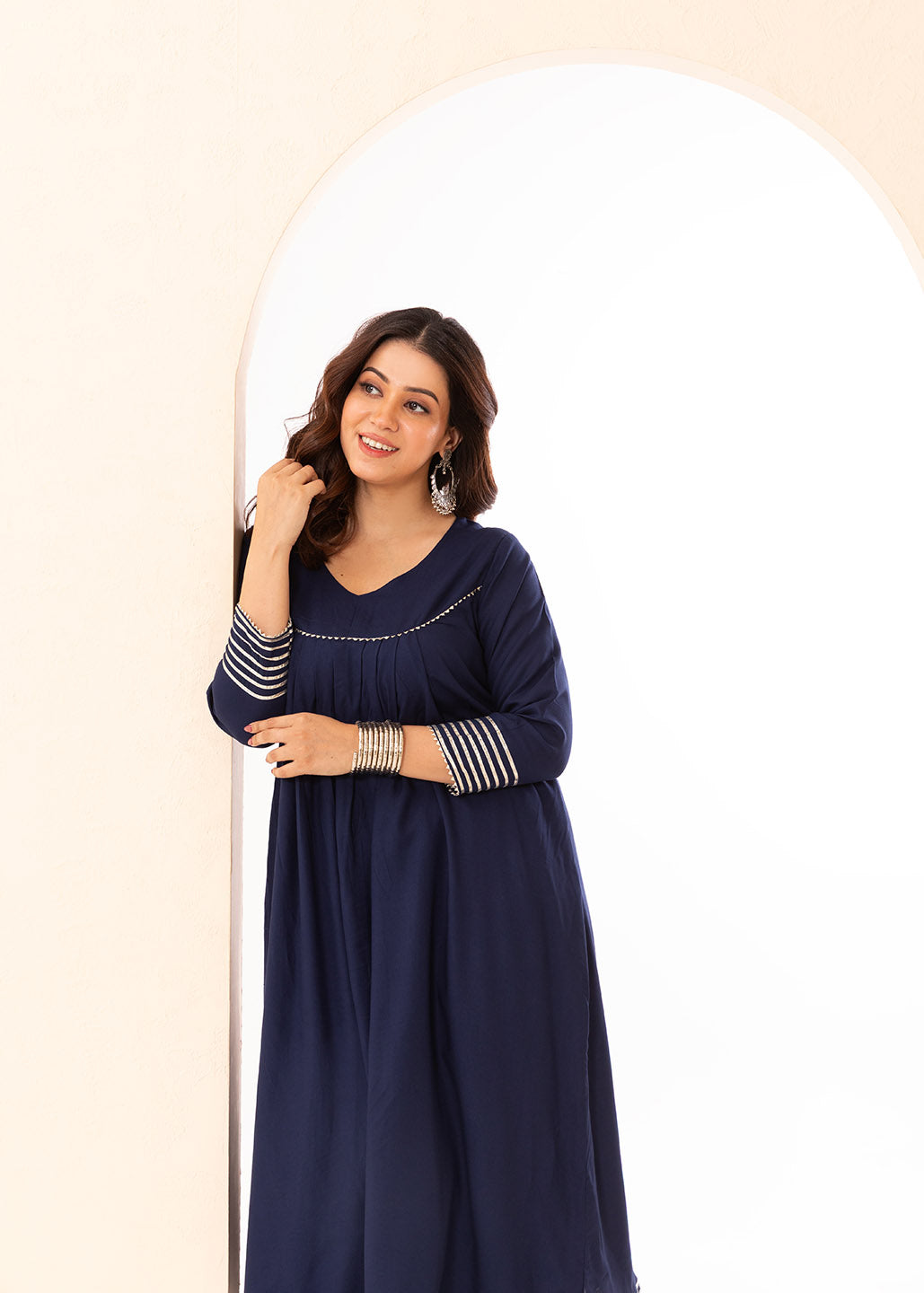Deep Blue Front Pleated Kurta Set