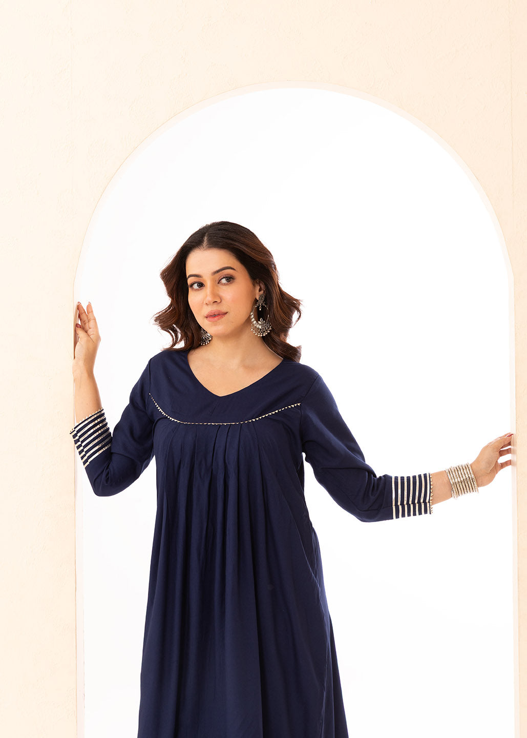 Deep Blue Front Pleated Kurta Set