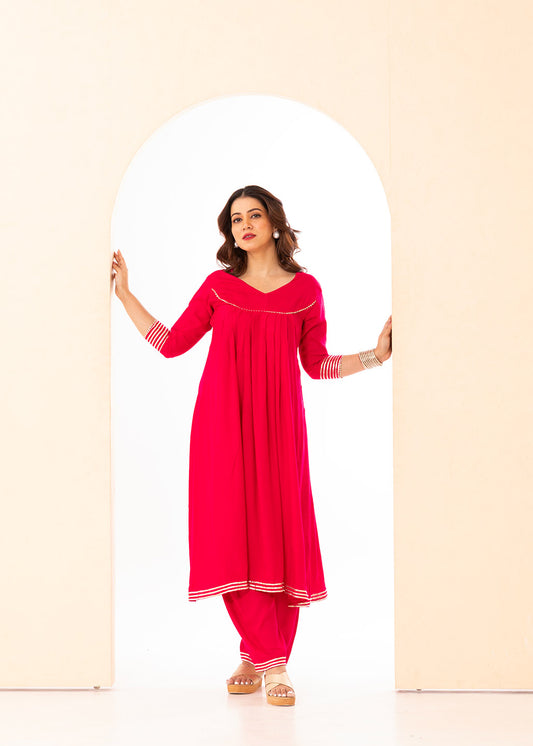 Vibrant Magenta Front Pleated Kurta Set