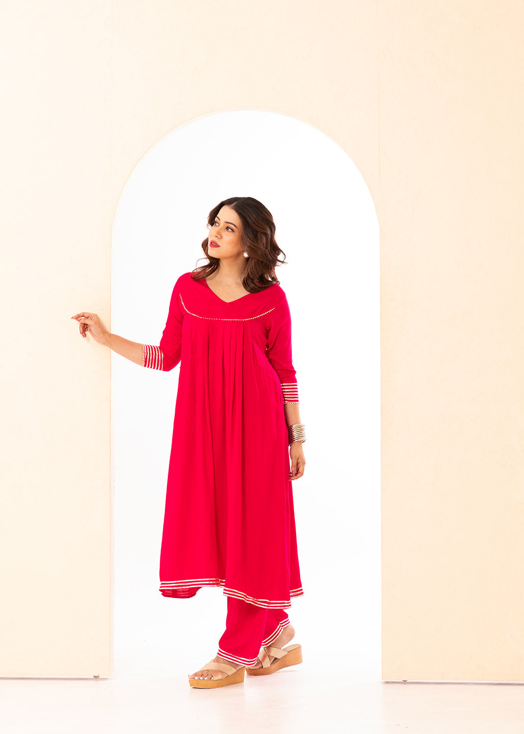 Vibrant Magenta Front Pleated Kurta Set