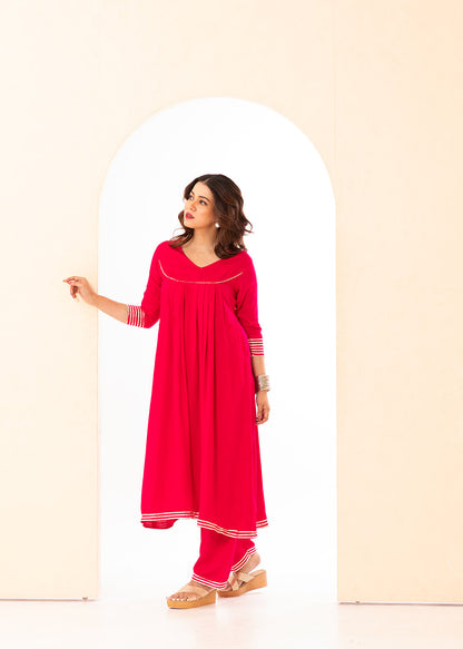 Vibrant Magenta Front Pleated Kurta Set