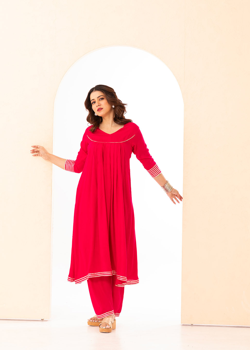 Vibrant Magenta Front Pleated Kurta Set