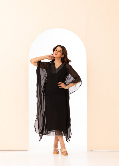 Ebony Black Embroidered Kaftan Set