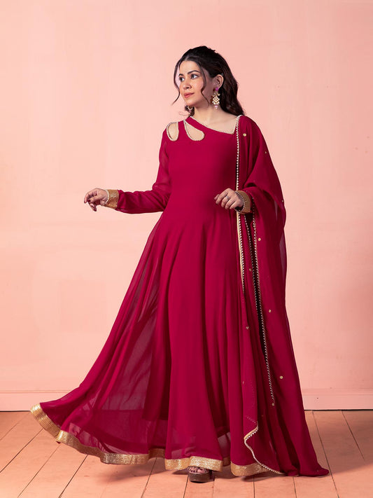 Viva Magenta Petal Neck Anarkali with Dupatta