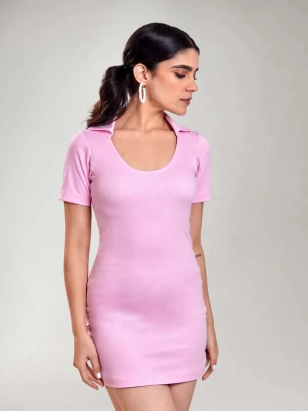 Baby Pink Bodycon Deep Neckline Dress | NUD