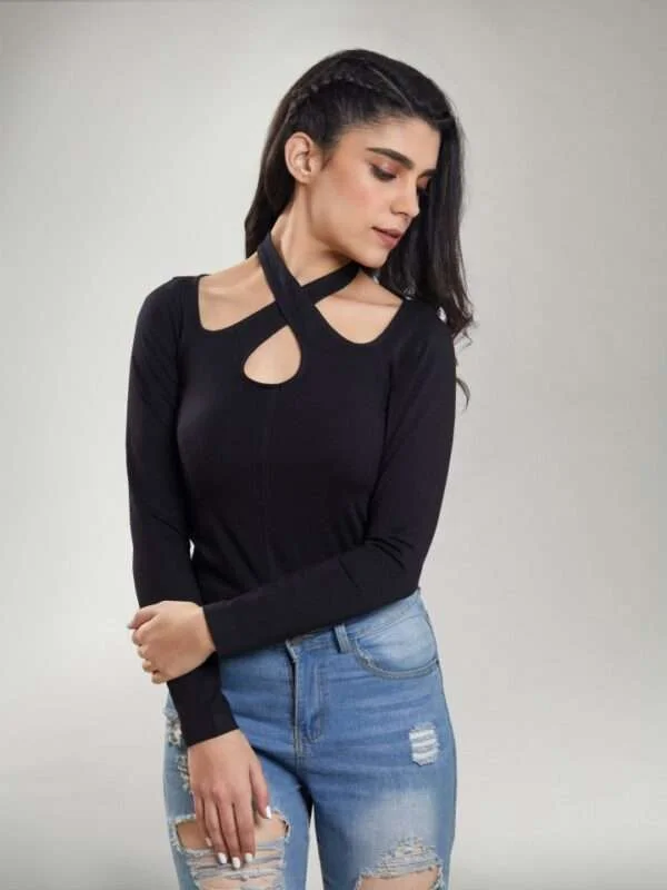 Buy Black Criss Cross Neck Full Sleeve Top | NUD