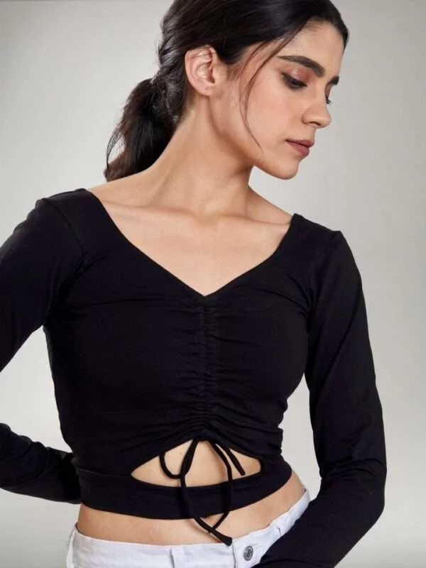 Buy Black Drawstring Waist Hole Full Sleeve Crop Top | NUD