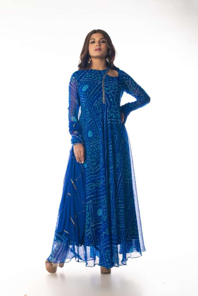 Lapiz Blue Bandhani Anarkali with Dupatta - NUD