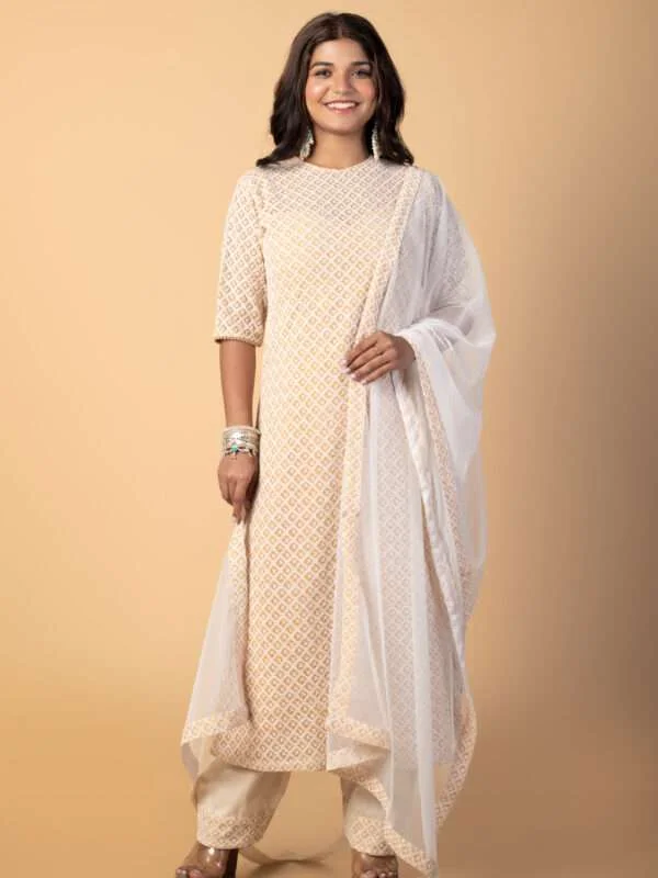 Model wearing Dewdrop Beige Embroidery Kurta Set