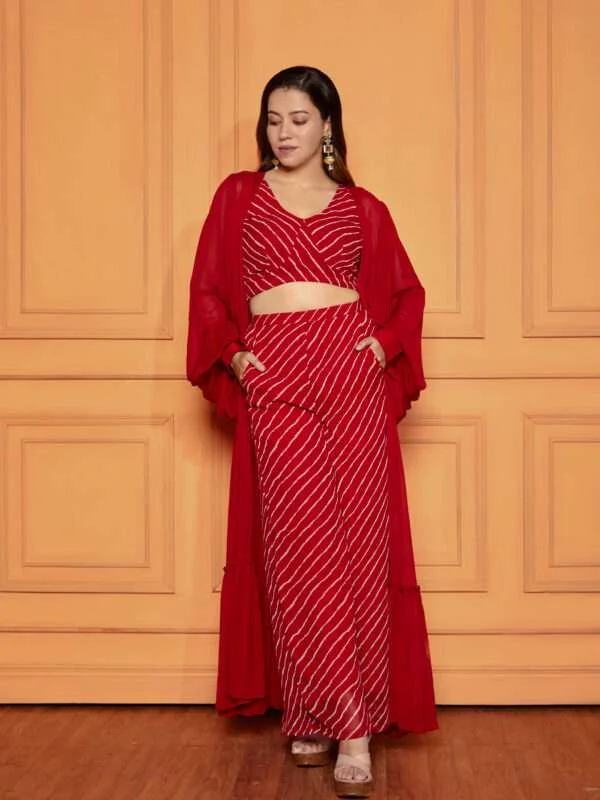 Shop Pepper Red Leheriya Co-ord Set with Shrug- NUD