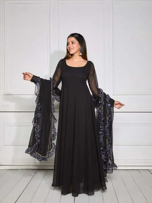 Shop Raisin Black Sheer Back Anarkali with Dupatta - NUD