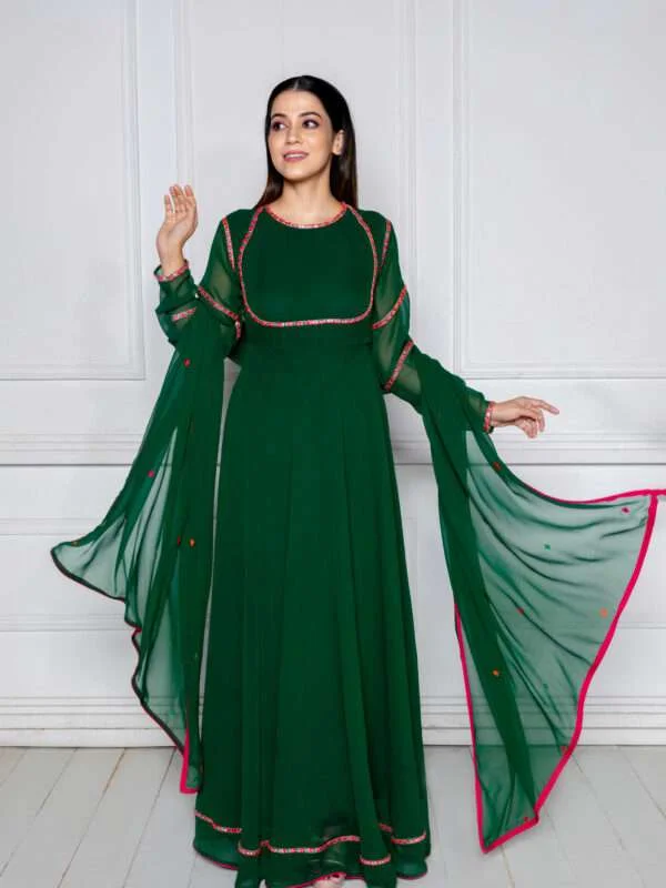 Shop Emerald Green Embroidered Anarkali with Dupatta!- NUD