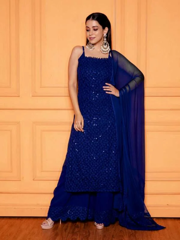 Shop Sapphire Blue Schiffli Kurta Set this festive season - NUD