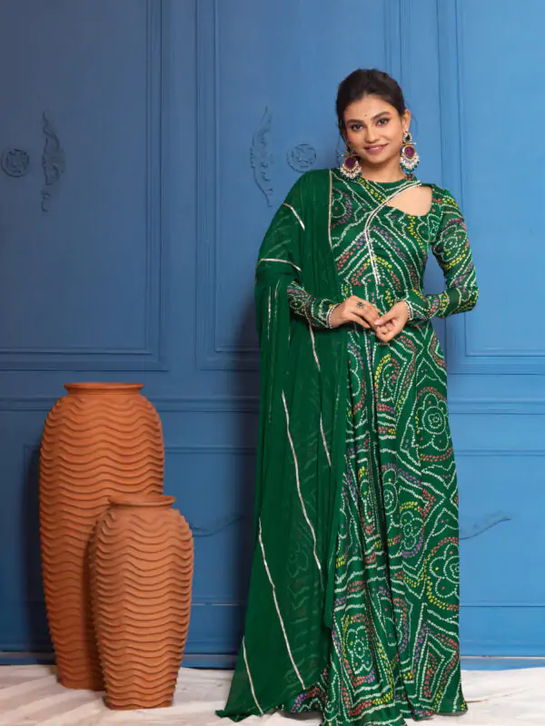 Shop Forest Green Bandhani Anarkali with Dupatta - NUD